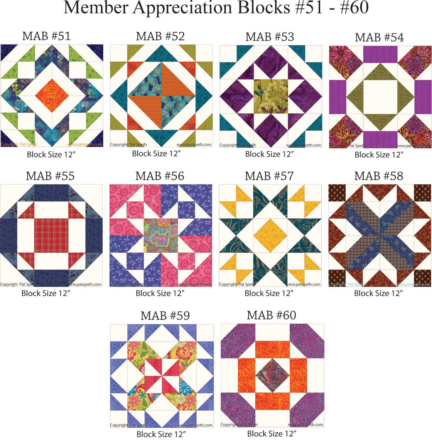 Group PDF Download Member Appreciation Blocks #51 - #60 – Pat Speth Quilts